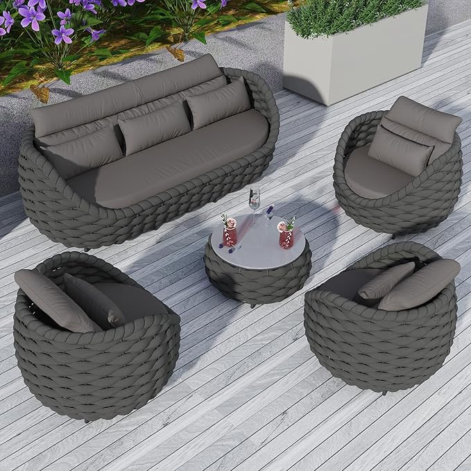 6-Piece Aluminum Patio Furniture Set, Modern Outdoor Conversation Set Sectional Sofa with Water Repellent Thick Cushions and Coffee Table for Balcony, Garden