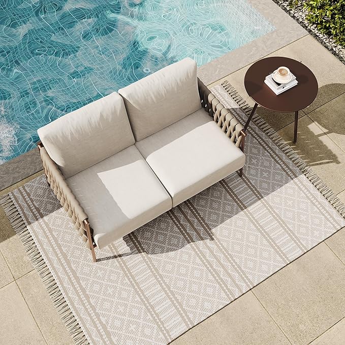 EAST OAK Outdoor Furniture | Life Chatter Loveseat | 2 Seater Sofa with 6.7" Thick Washable Cushions | Deep Seating Patio Furniture for Garden, Porch, Balcony & Backyard | Chestnut & Apricot