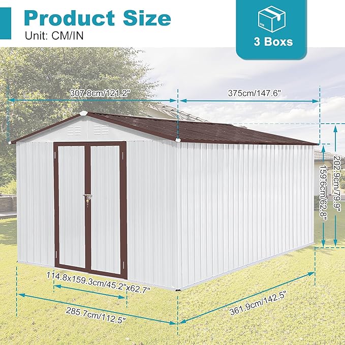 Sheds & Outdoor Storage 12 ft × 10 ft Storage Shed Large Classic Apex Roof Metal Garden Storage Sheds with Hinged Door Tool Cabinet for Backyard, Patio, Poolside, White + Coffee