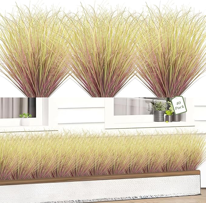 40 Bundles Fake Grass Plants Artificial Plants Outdoor Faux Plants Tall Shrubs Wheat Grass Greenery Stems UV Resistant Onion Grss for Outside Planters Indoor Room Vase Home Decor(Light Purple)