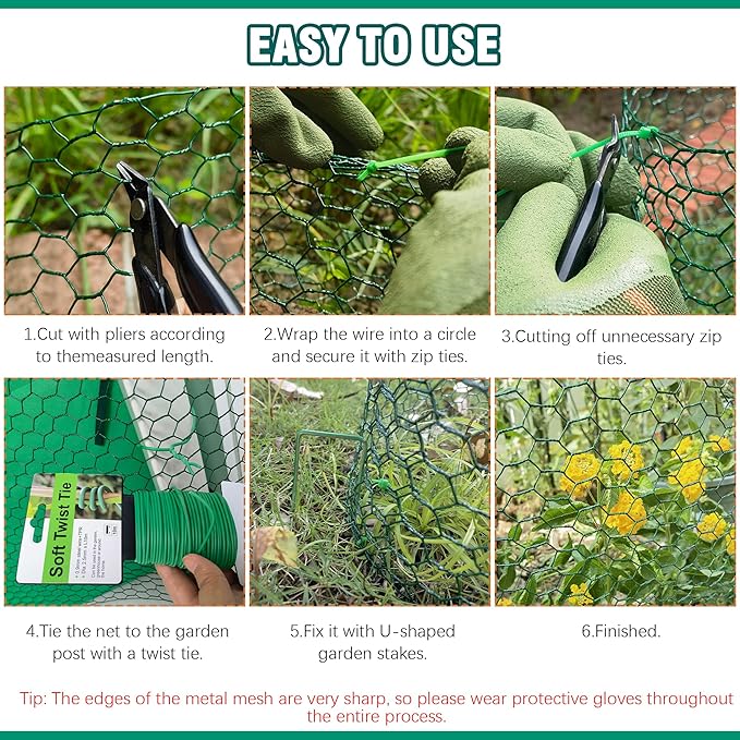 49.2Ft x16In Plant Protectors from Animals - Wire Plant Protector Cages for Outdoor Plants, Free-Cut Metal Mesh Plant Covers Guards Fence, Chicken Wire Cloche with Ground Stakes,Zip Ties