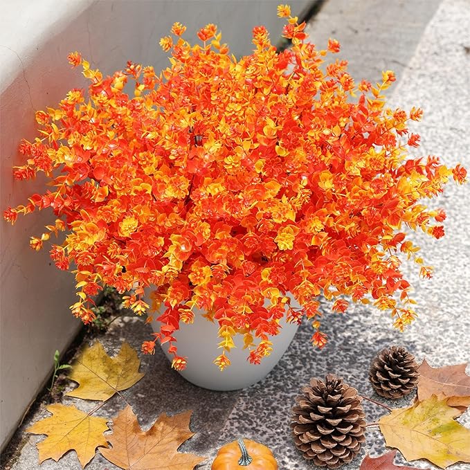 Ivydale Artificial Flowers for Outdoor Spring Decoration, 12 Bundles Eucalyptus Fake Plants UV Resistant, Faux Flowers Plastic Greenery Bushes Shrubs for Home Porch Outside Decor (Fall)