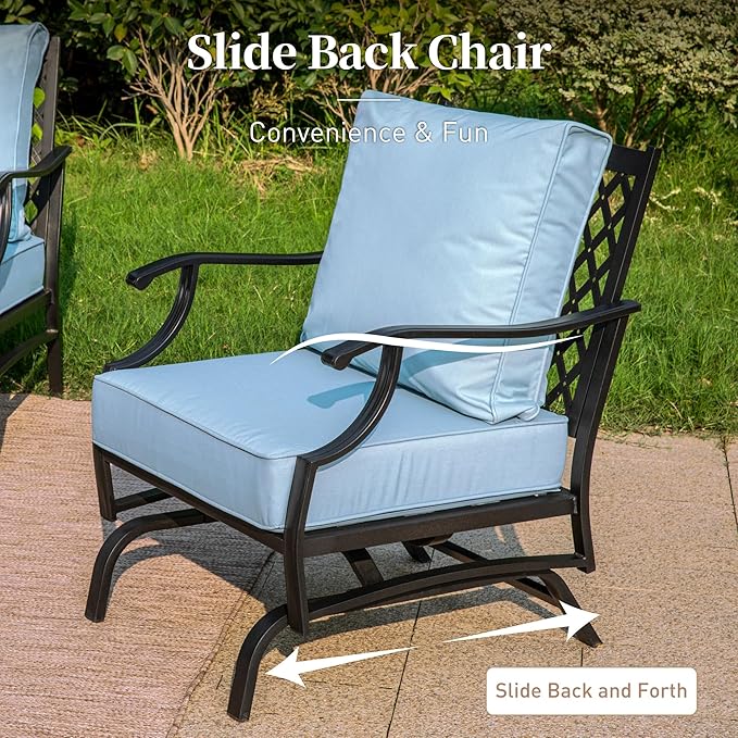 4 Piece Metal Outdoor Patio Furniture Set with 5000 BTU Firepit Table, Patio Conversation Sets 1 3-seater Sofa, 2 Rocking Chair with 5.75" Thick Cushion, Black Backyard Furniture, Blue