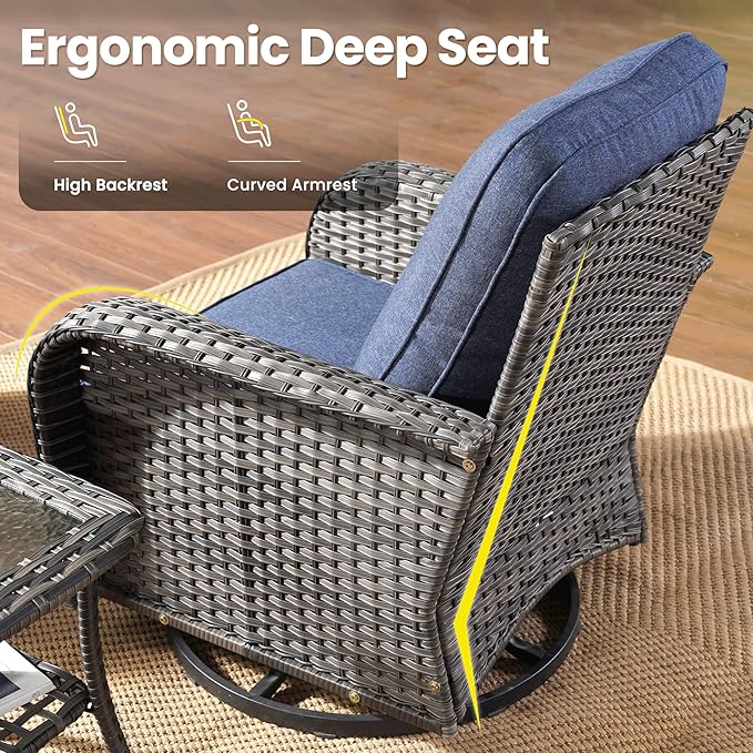 ovios 8 Pieces Patio Furniture Set, Outdoor Wicker Sofa with Swivel Chairs, Coffee Table, All Weather High Back Rattan Loveseat Couch with Comfy Cushions, Denim Blue