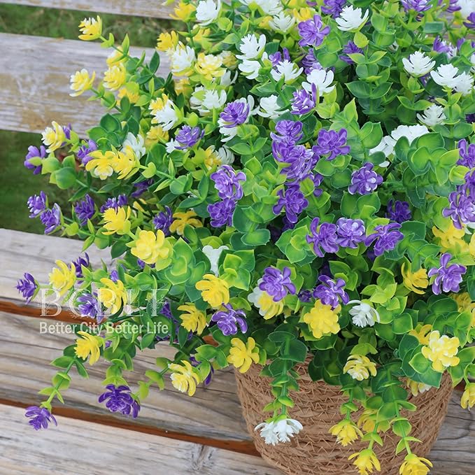 Artificial Flowers for Outdoors, 12 Bundles UV Resistant Realistic Faux Plants for Outside Porch Planter, Spring Summer Home Garden Decoration