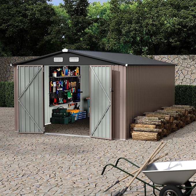 10x14 FT Metal Storage Sheds Outdoor, Metal ToolShed with Lockable Door, Metals Yard Sheds Metals Garden Shed Kit, MetalUtility Sheds Buildings with Air Vent for Backyard Garden Patio Lawn
