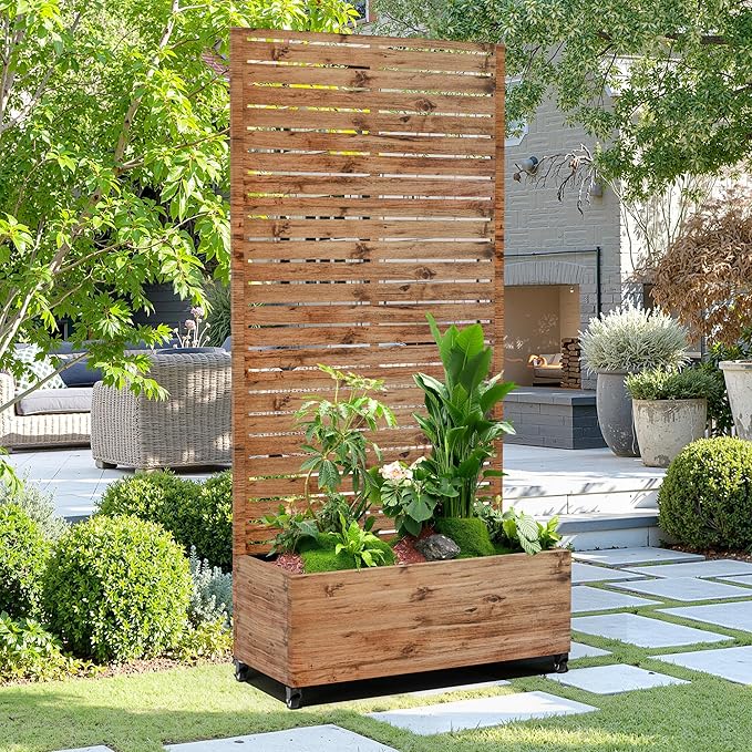 15.7"×70.9"×35.4" Metal Raised Garden Bed with Trellis and Wheels - Tall Trellis Planter Box for Climbing Plants, Vegetables & Vines - Outdoor Privacy Planters for Patio (Natural Wood Grain)
