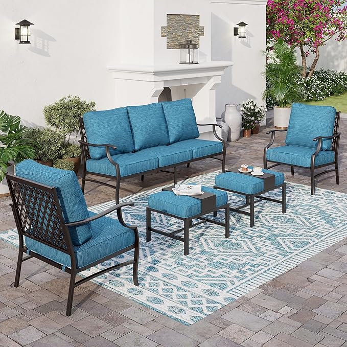 5 Piece Metal Outdoor Patio Furniture Set, Patio Conversation Sets 3-seater Sofa, 2 Fixed Chair, 2 Ottomans with 5.75" Thick Cushion, Black All-weather Frame Backyard Furniture, Blue-2