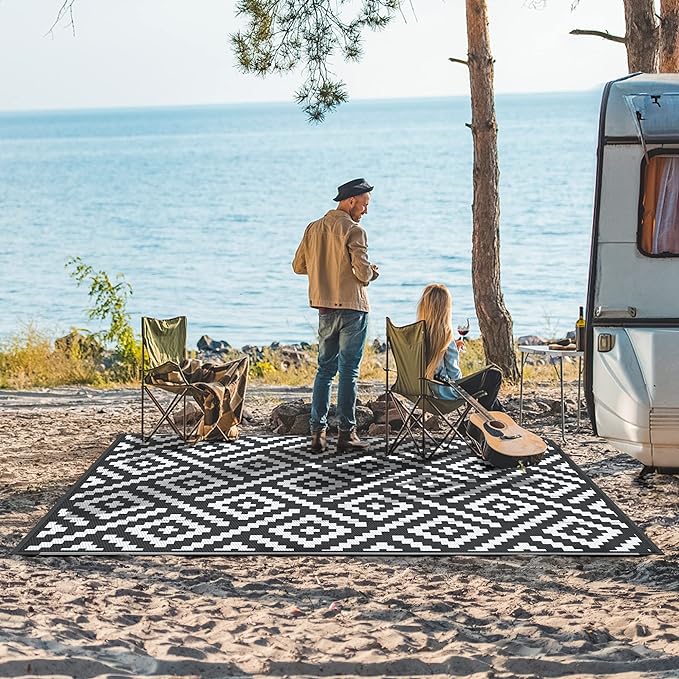 GENIMO Outdoor Rugs 8x10 Waterproof, Reversible Mats, Area Plastic Straw Rug, Outside Carpet, Geometric Rv Mat for Patio Camping Picnic Backyard Deck Balcony Porch Beach Trailer (Black & White)
