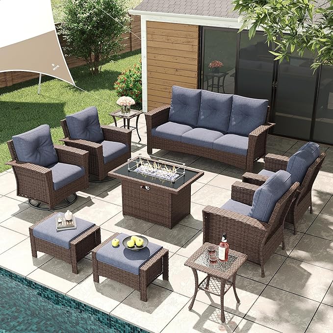 LayinSun 10 Piece Wicker Patio Furniture Set with Fire Pit Table, Classis Outdoor Conversation 360 Degree Swivel Chairs Set with Coffee Table