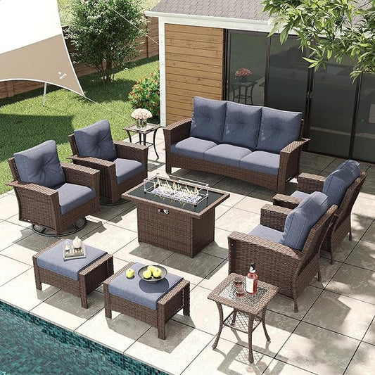 LayinSun 10 Piece Wicker Patio Furniture Set with Fire Pit Table, Classis Outdoor Conversation 360 Degree Swivel Chairs Set with Coffee Table