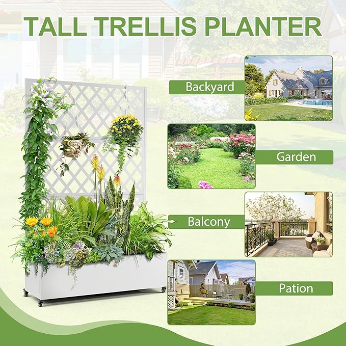 Metal Planter Trellis Box with Wheels & Drain Plug Outdoor Raised Garden Bed Patio Privacy Screen with Planter for Climbing Plants, Vegetables 73"x47"x16" White-Diamond