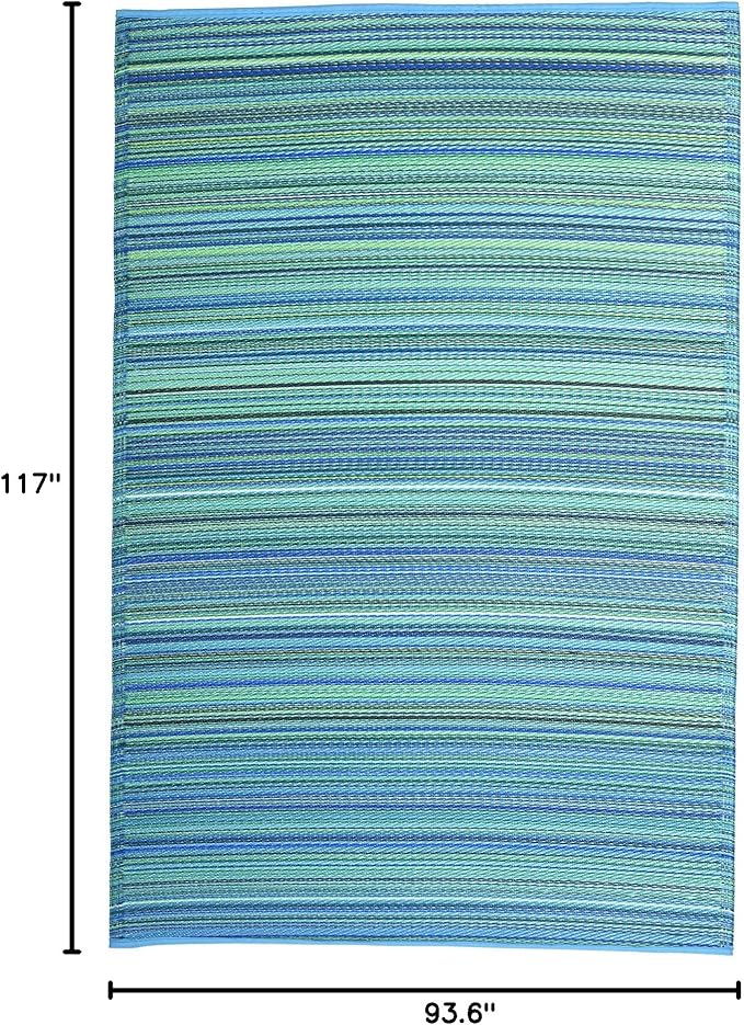 Fab Habitat Striped Outdoor Rug - Waterproof, Fade Resistant, Crease-Free, Reversible - Premium Recycled Plastic - Patio Porch Balcony Deck - Cancun TurquoiseMoss Green - 8x10 ft