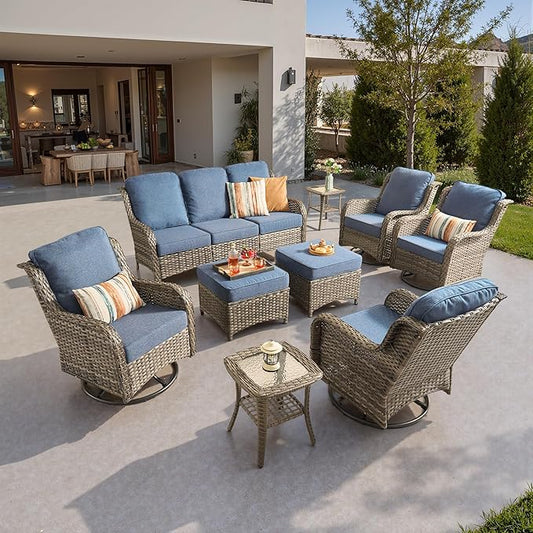 ovios 9 Pieces Patio Furniture Set, Outdoor Wicker Sofa Couch with Swivel Chairs Ottomans Comfy Cushions, All Weather High Back Modern Conversation Sets, Grey Rattan, Denim Blue