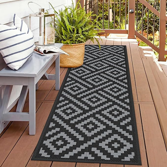 GENIMO Outdoor Rugs 2.5x8 Waterproof, Reversible Mats, Outdoor Area Rug, Plastic Outside Carpet, Eeometric Rv Mat for Patio Camping Rv Picnic Backyard Deck Balcony Porch Beach (Black & Grey)