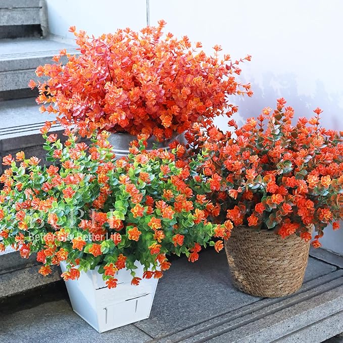 Artificial Flowers for Outdoors, 12 Bundles UV Resistant Realistic Faux Plants for Outside Porch Planter, Spring Summer Home Garden Decoration, Red Orange