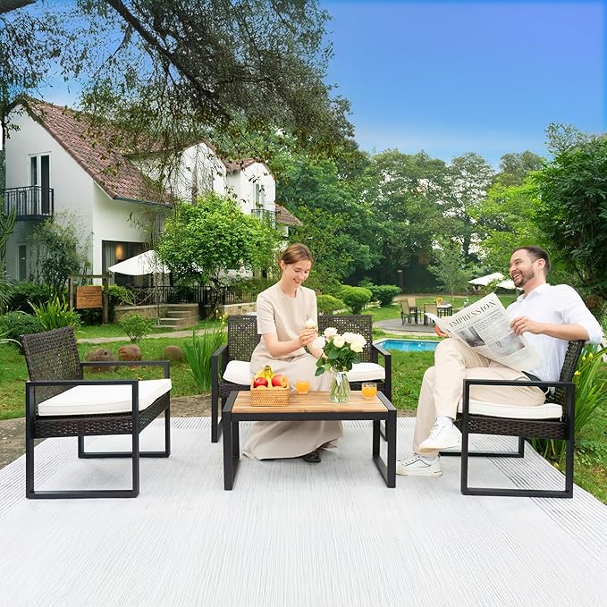 BEEFURNI Wicker Patio Furniture Outdoor Conversation Set of 4, Acacia Wood Table, 2 Rattan Chairs, Loveseat, 2” Cushions, All-Weather, Easy Assembly, 1-Year Manufacturer Warranty (Black)