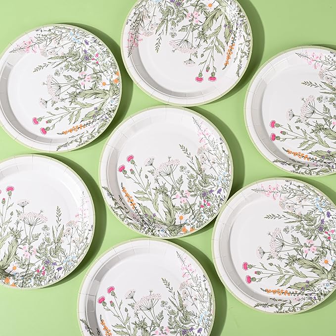 Wildflower Party Plates 7" Floral Paper Plates Spring Summer Botanical Green Leaves Herbs Vintage Garden Disposable Decorative Dessert Plates (48, Vintage Floral)