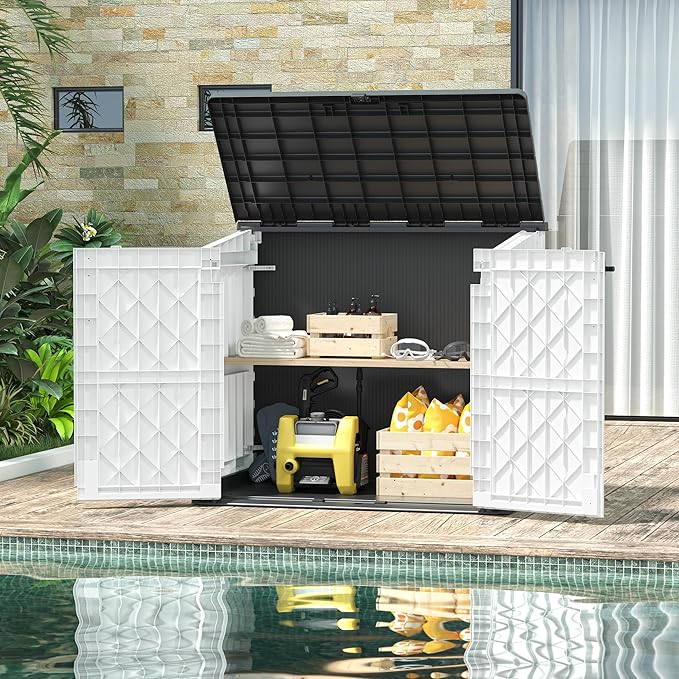 Outdoor Storage Shed 36 Cu. Ft. Resin Garden Horizontal Storage Large Capacity Weather Resistant Storage Box, Lockable Resin Waterproof Shed for Garbage Cans, Garden Tools