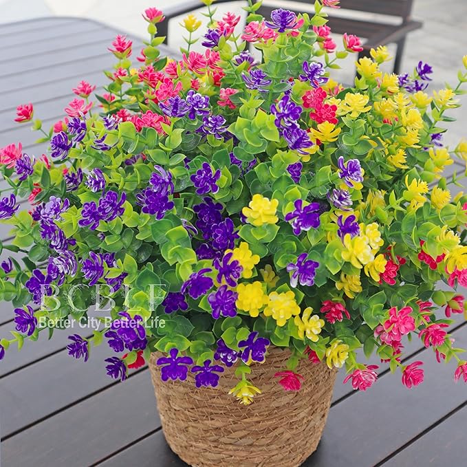 Artificial Flowers for Outdoors, 12 Bundles UV Resistant Realistic Faux Plants for Outside Porch Planter, Spring Summer Home Garden Decoration, Green