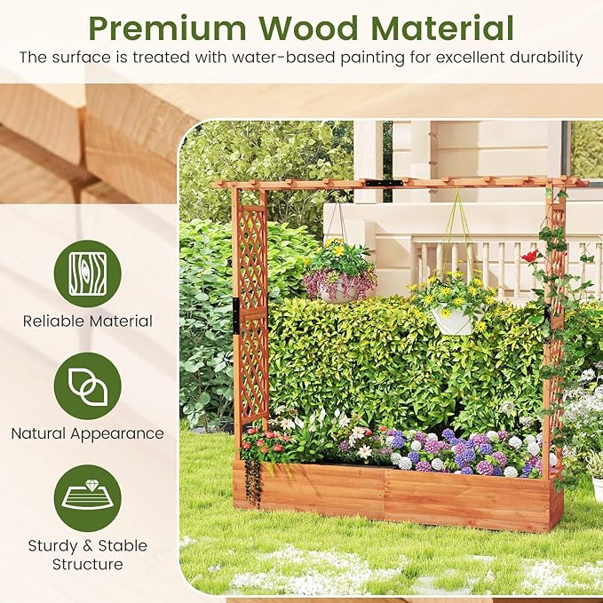 S AFSTAR 2 Pieces Raised Garden Beds with Arch Trellis, Hanging Roof & Drainage Holes, 77-Inch Vertical Plant Container for Vine Climbing Plant Flower, Outdoor Wood Elevated Planter Box for Garden