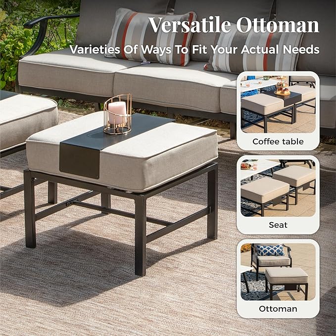 Patio Furniture Set 6 pcs, Outdoor Patio Furniture, 3-Seat Sofa, 2 Single Chairs, 2 Ottomans, Coffee Table and 5.75" Extra Thick Cushion, Patio Conversation Set,Beige