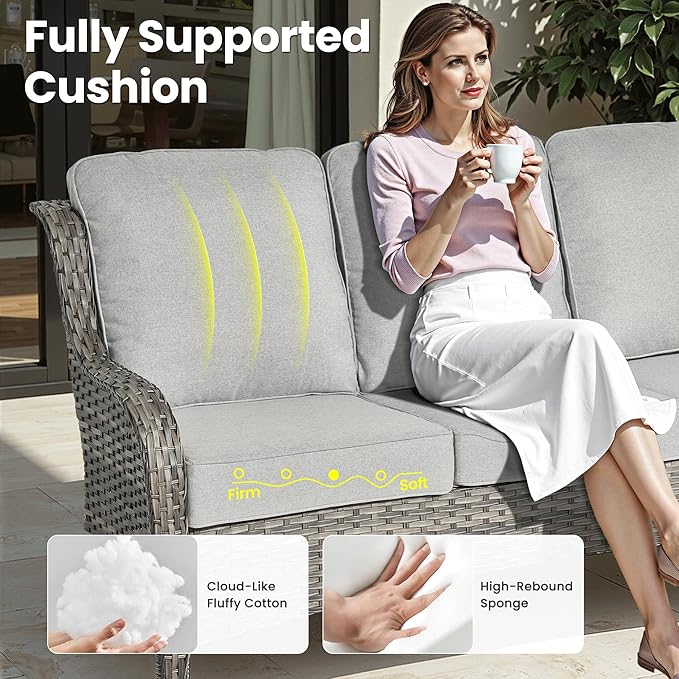 ovios 8 Pieces Patio Furniture Set, Outdoor Wicker Sofa Couch with Swivel Chairs 42" Fire Pit Table, All Weather High Back Modern Conversation Sets, Grey Rattan, Grey