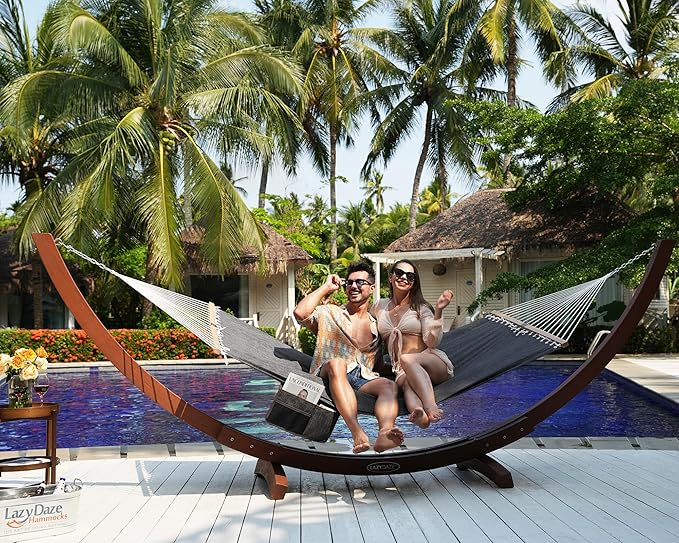 Lazy Daze Hammocks 11 FT Double Outside Hammock Quick Dry Olefin Fabric Hammock with Spreader Bar & Side Pocket for Outdoor Poolside Backyard 450 lbs Capacity, Black