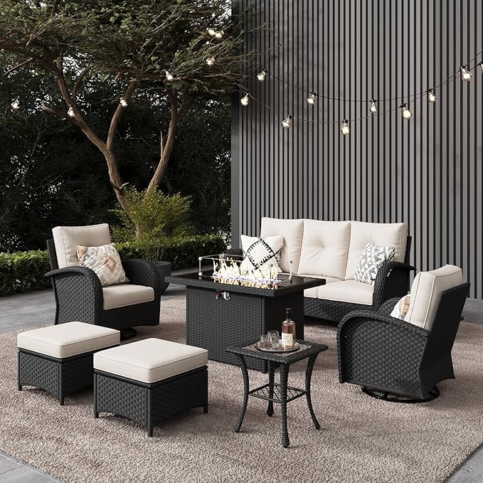 LayinSun 7 Pieces Outdoor Patio Furniture Set with Fire Pit Table, Rattan Wicker Sectional Swivel Rocker Chairs Sets