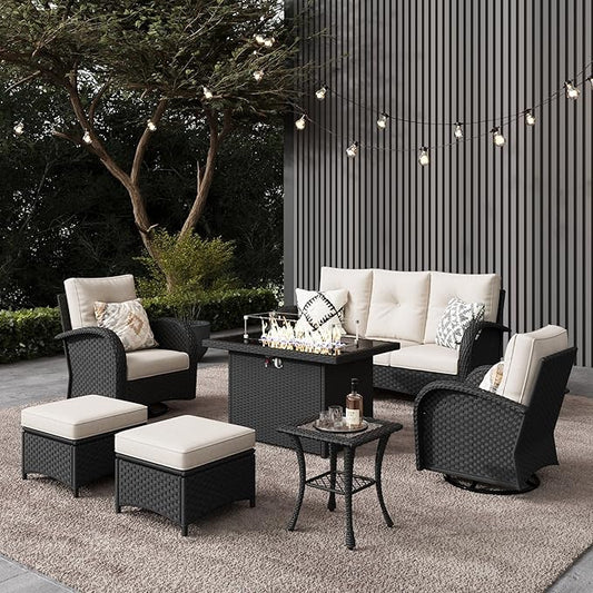 LayinSun 7 Pieces Outdoor Patio Furniture Set with Fire Pit Table, Rattan Wicker Sectional Swivel Rocker Chairs Sets