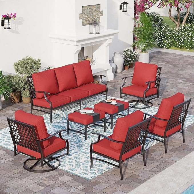 7 Piece Metal Outdoor Patio Furniture Set, Patio Conversation Sets 1 3-Seater Sofa, 2 Fixed Chairs, 2 Swivel Chairs, 2 Ottomans with 5.75" Thick Cushion, Black Backyard Furniture, Red