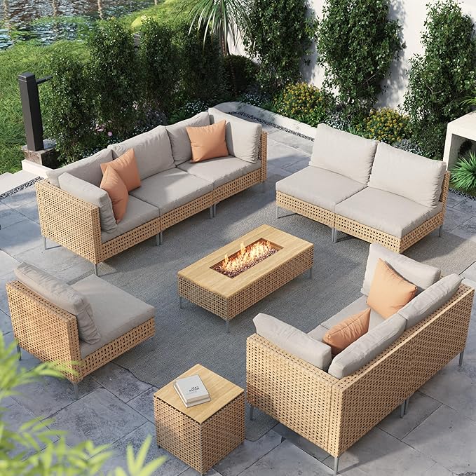 Grand patio 10-Piece Patio Furniture Set with 47" Fire Pit Table, Outdoor Conversation Set & 50,000 BTU 47 Inch Rectangle Propane Fire Pit & Storage Box with Water Resistant Thick Cushions, Cream