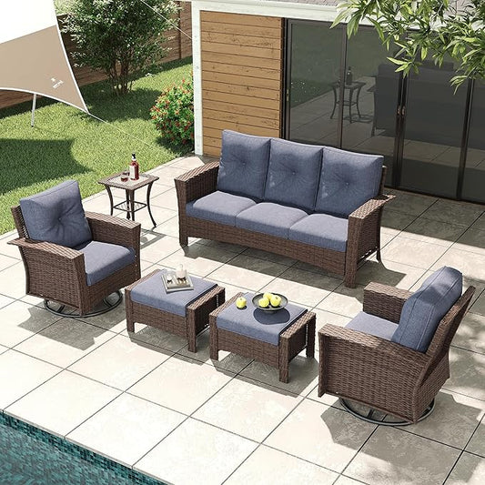 LayinSun 6 Piece Wicker Patio Furniture Set, Classis Outdoor Conversation 360 Degree Swivel Chairs Set with Coffee Table