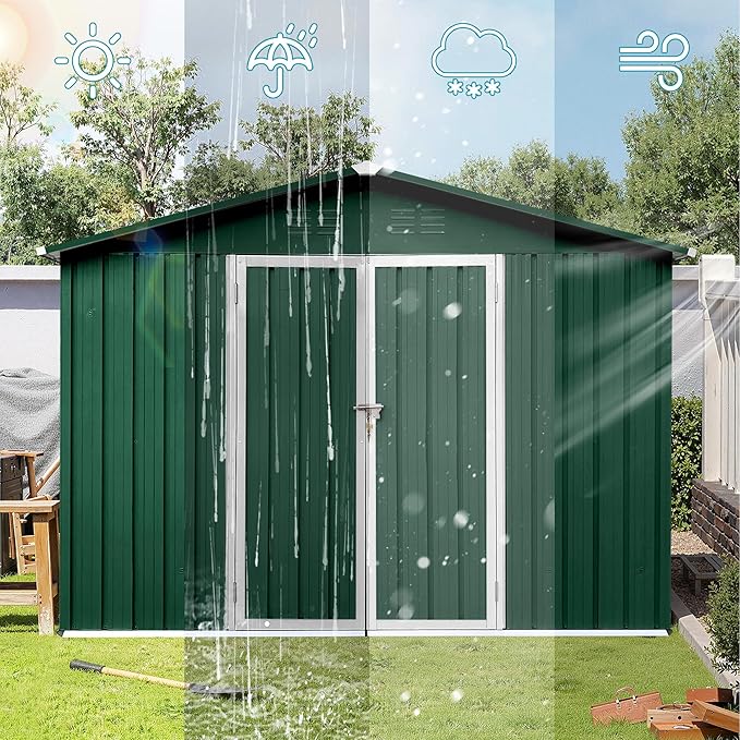 Sheds & Outdoor Storage 8 ft × 10 ft Storage Shed Large Classic Apex Roof Metal Garden Storage Sheds with Hinged Door Tool Cabinet for Backyard, Patio, Poolside, Green
