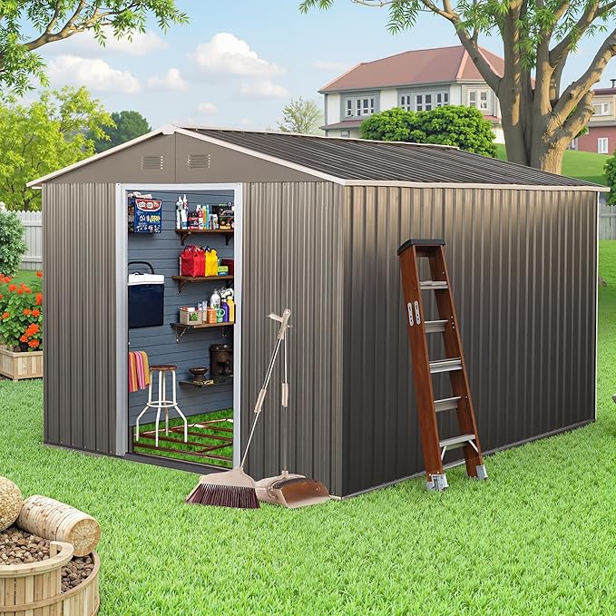 Sheds & Outdoor Storage 8ft x 10ft Metal Storage Shed with Metal Foundation, Gloves, Anchors, Tools Garden Tool Storage Cabinet with Secure Sliding Doors with Padlock for Backyard, Patio, Gray