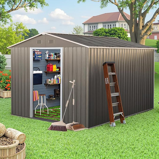 Sheds & Outdoor Storage 8ft x 10ft Metal Storage Shed with Metal Foundation, Gloves, Anchors, Tools Garden Tool Storage Cabinet with Secure Sliding Doors with Padlock for Backyard, Patio, Gray