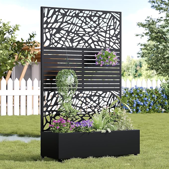 Casaphoria Metal Raised Garden Bed with Trellis and Wheels, 72"x47"x16" Arched Planter Box for Climbing Plants, Vegetables & Vines, Features Drainage Holes and Privacy Screen (Black-Helen&Net)