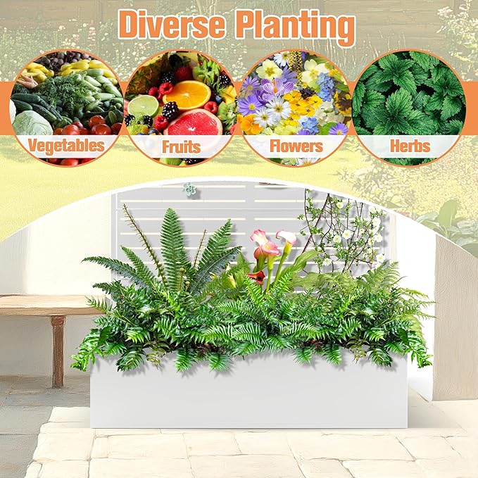 Metal Planter Box with Trellis, Raised Garder Bed with Drainage Hole, Privacy Screen & Trellis for Climbing Plants, Outdoor Plant Stands, 47''L×16''W×71''H, White