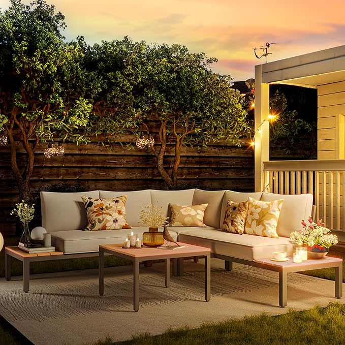 NATURAL EXPRESSIONS Patio Furniture Sets, L Shape Patio Sectional Metal Outdoor Sectional Corner Sofa Outdoor Couch with Detachable Backrest,3 Fauxwood Tables,5” Grey Olefin Cushions