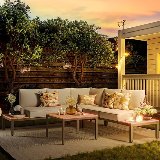 NATURAL EXPRESSIONS Patio Furniture Sets, L Shape Patio Sectional Metal Outdoor Sectional Corner Sofa Outdoor Couch with Detachable Backrest,3 Fauxwood Tables,5” Grey Olefin Cushions