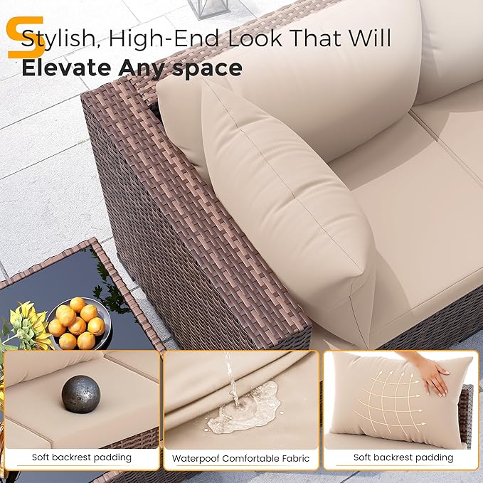 UDPATIO Outdoor Patio Furniture Set with Fire Pit Table, 8 Piece Outdoor Sectional Sofas, All-Weather Wicker Patio Conversation Set for Garden, Backyard Khaki