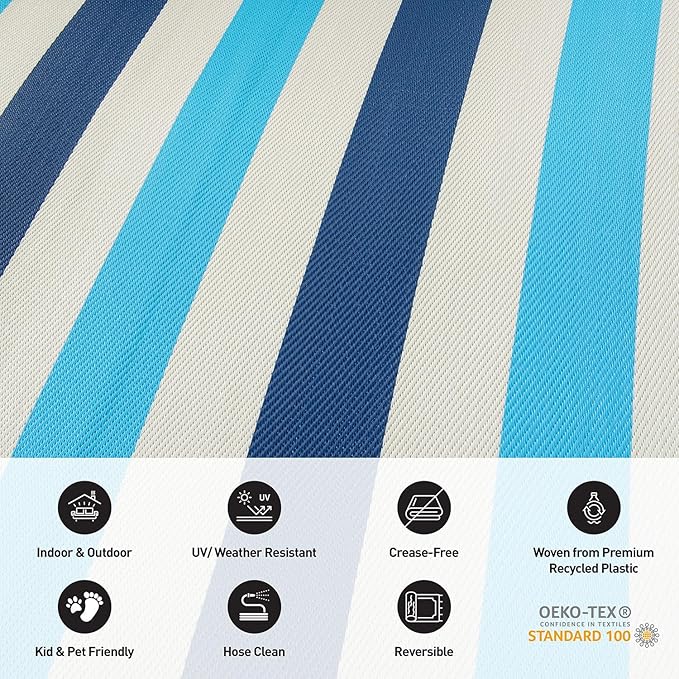 Rugshop Contemporary Stripe Reversible Crease-Free Waterproof Premium Recycled Plastic Outdoor Rugs for Patio,Backyard,RV,Deck,Picnic,Trailer,Beach,Camping,Sunroom Blue 7'10" x 10'