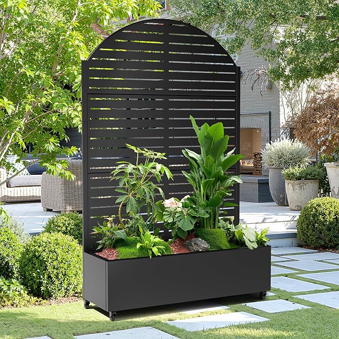 15.7"×70.9"×47.2" Metal Raised Garden Bed with Trellis and Wheels - Tall Trellis Planter Box for Climbing Plants, Vegetables & Vines - Outdoor Privacy Planters for Patio (Black-Louvered)