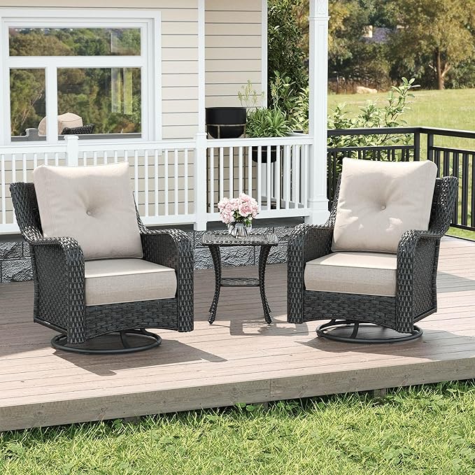 LayinSun 3 Piece Wicker Outdoor Furniture Set with 6-inch Comfy Cushions, High Back Patio Furniture Set with Swivel Rocking Chairs and Side Table