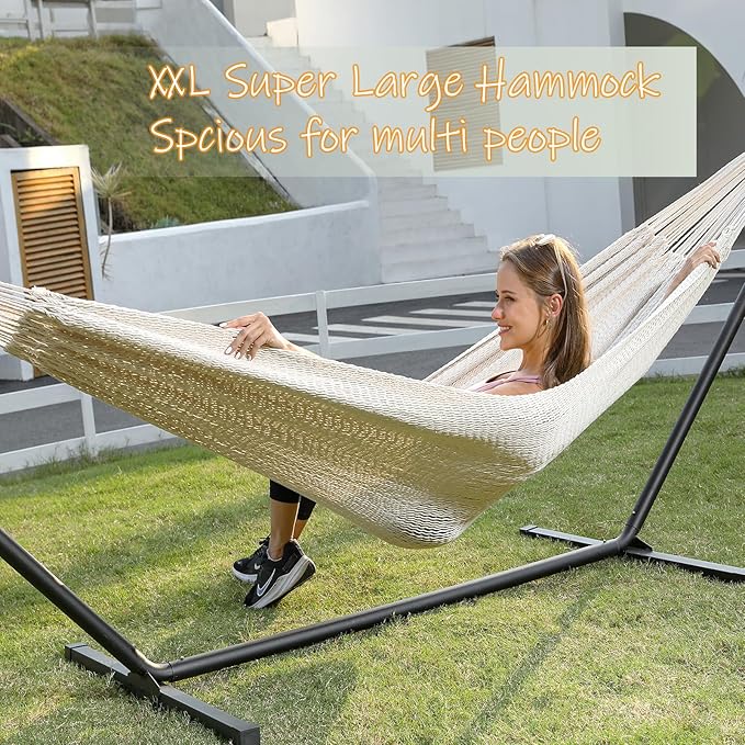 ZEAN Handwoven Hammock by Thick Cotton Rope XXL Two Person Hammock for Outside, Patio Backyard Garden 550LB Capacity