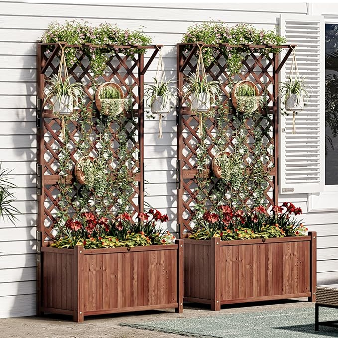 Amerlife 2-Piece Raised Garden Bed with Trellis, 35.4x17.7x72 Inch Planter Boxes with Drainage Holes for Vegetables and Climbing Plants