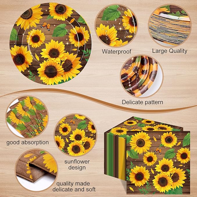 250 Pcs Sunflower Party Decorations Include Spring Summer Floral Paper Plates Napkins and Cups for Wildflower Baby Shower Tea Decorations, Serve 50 Guest(Yellow and Brown,Sunflower Style)