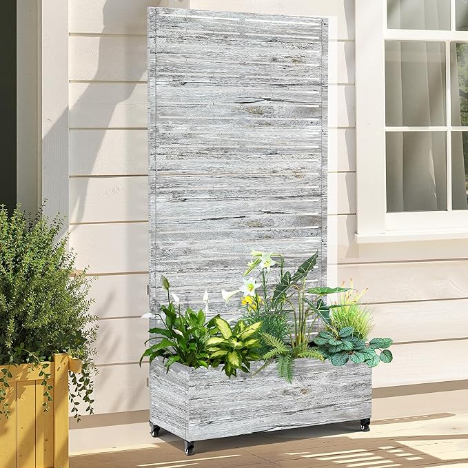 Raised Garden Bed with Trellis and Wheels,73"x35"x16" Metal Raised Garden Bed,White Wood Finish Metal Planter with Climbing Trellis for Vines & Vegetables