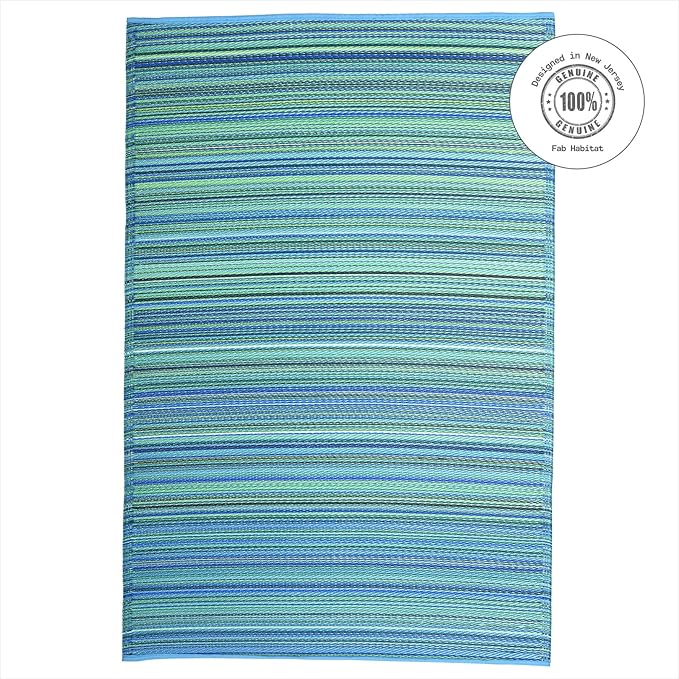 Fab Habitat Striped Outdoor Rug - Waterproof, Fade Resistant, Crease-Free, Reversible - Premium Recycled Plastic - Patio Porch Balcony Deck - Cancun TurquoiseMoss Green - 8x10 ft