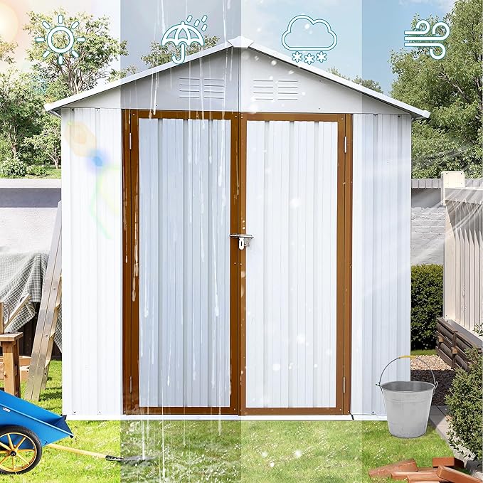 6ft x 4ft Outdoor Storage Shed Apex Roof Tool Shed Outdoor Storage Metal Garden Sheds Tool Cabinet with Galvanized Steel Construction for Backyard, Patio, Poolside, White + Yellow